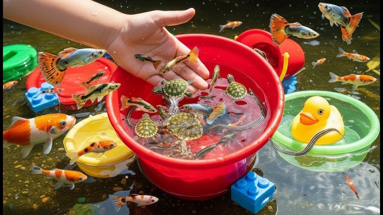 Catch beautiful aquarium fish in small pond baby turtles, eel, frog, pencil fish, nemo fish, catfish