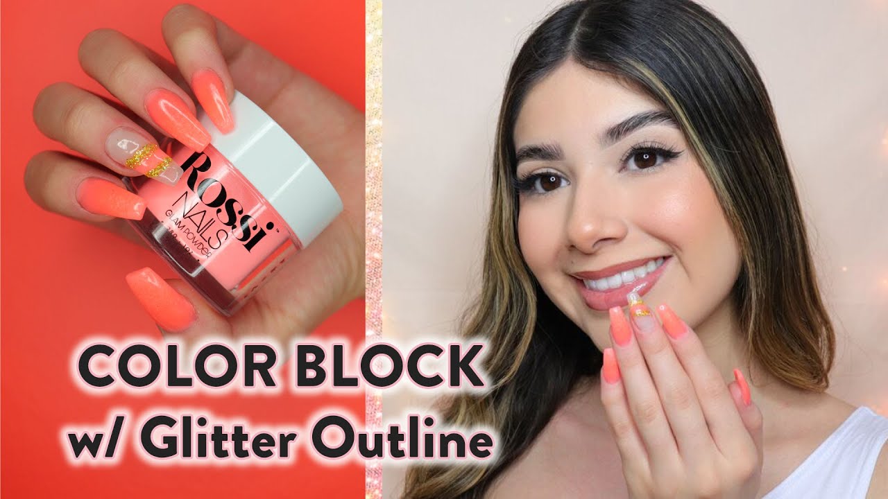 Peachy Color Block with Glitter Outline using Dip Powder and Peel Base🍑