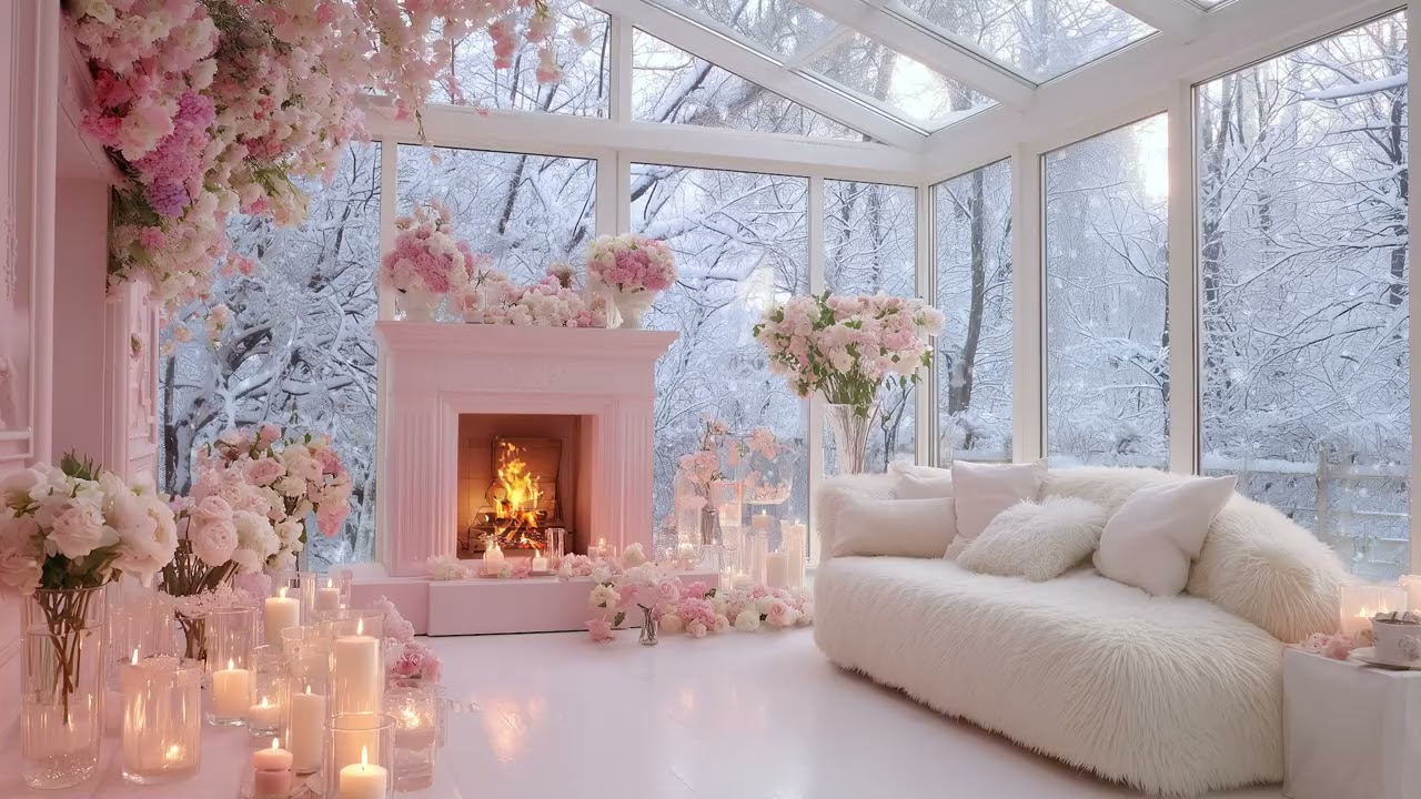 Romantic Cozy Winter Ambience with Crackling Fireplace and Snow Falling Outside a Warm Room
