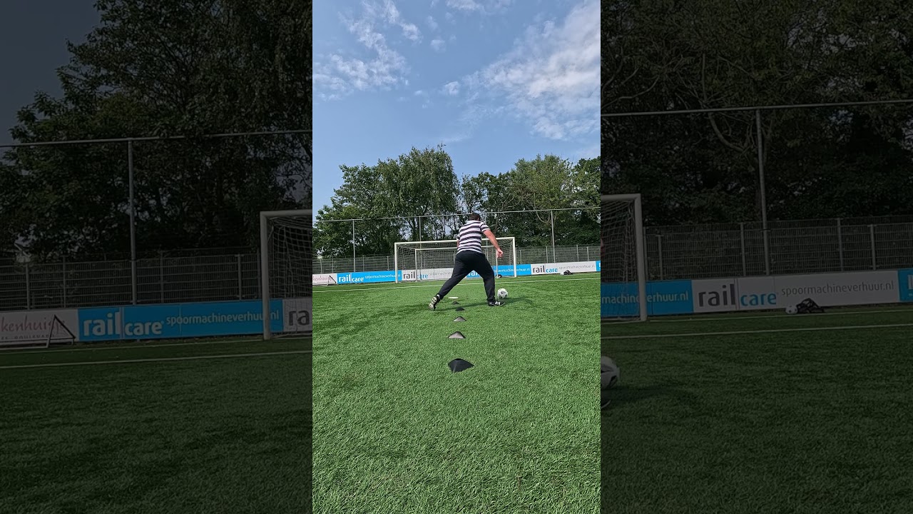 Clear the cones with the football and then kick the football into the goal