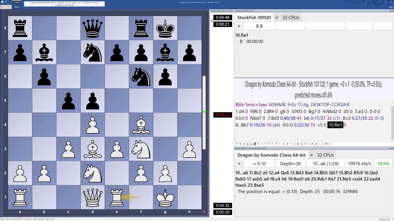 Dragon by Komodo Chess vs Stockfish 101120 (TC=5m+5s)