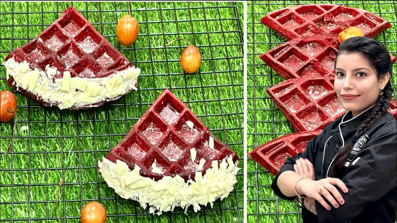 Red Velvet Waffles with Cream Cheese | Belgian Waffles Recipe | Eggless Crispy Waffles at home