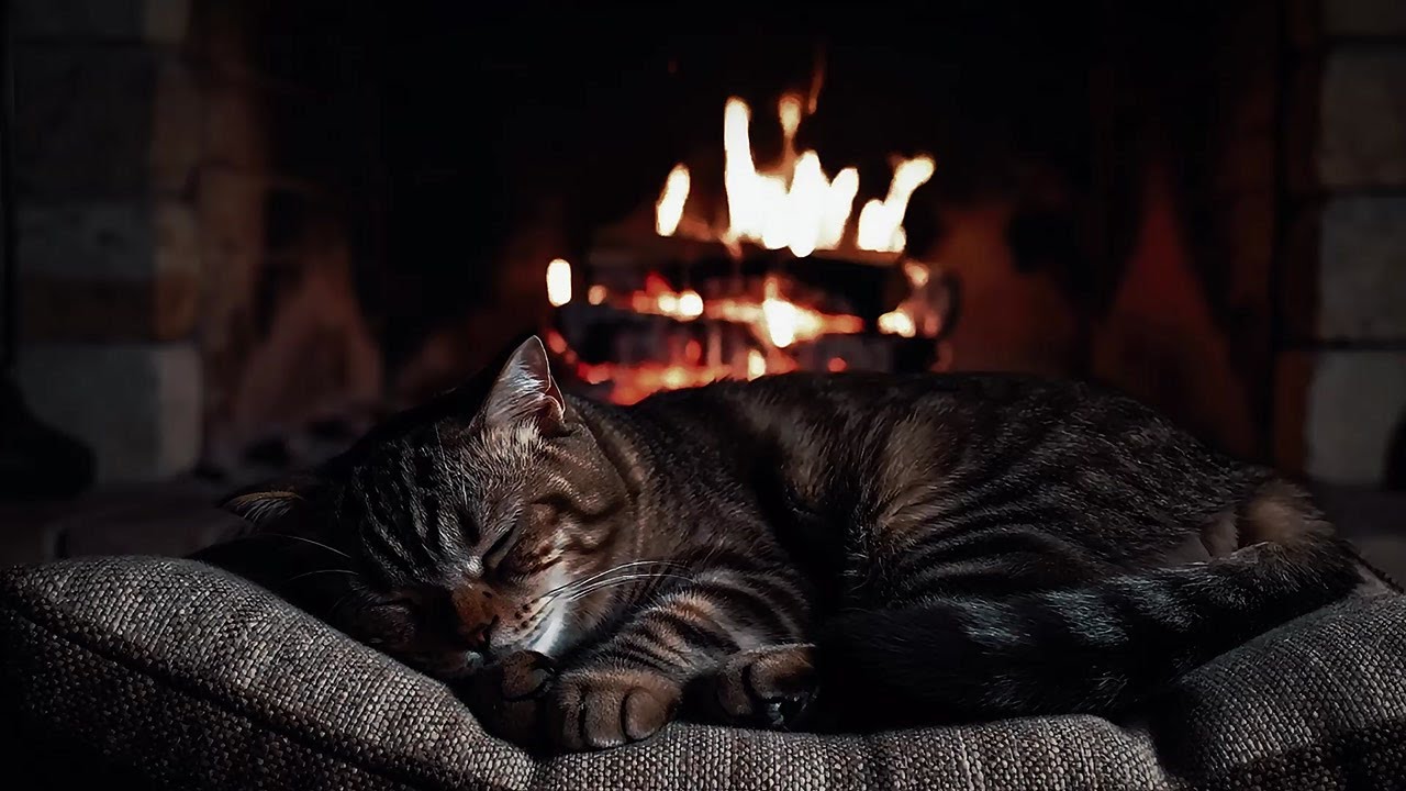 Warm Fireplace & Sleep Cat | Relaxing Music Piano for Study & Sleep