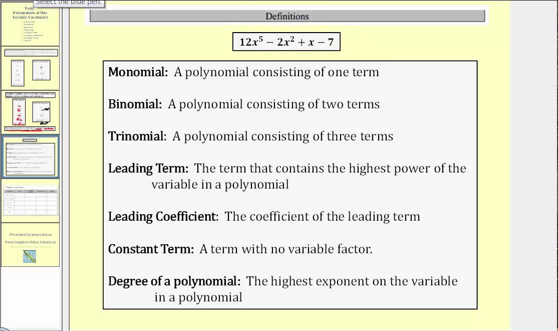 Polynomials and Polynomial Terminology (L3.1)