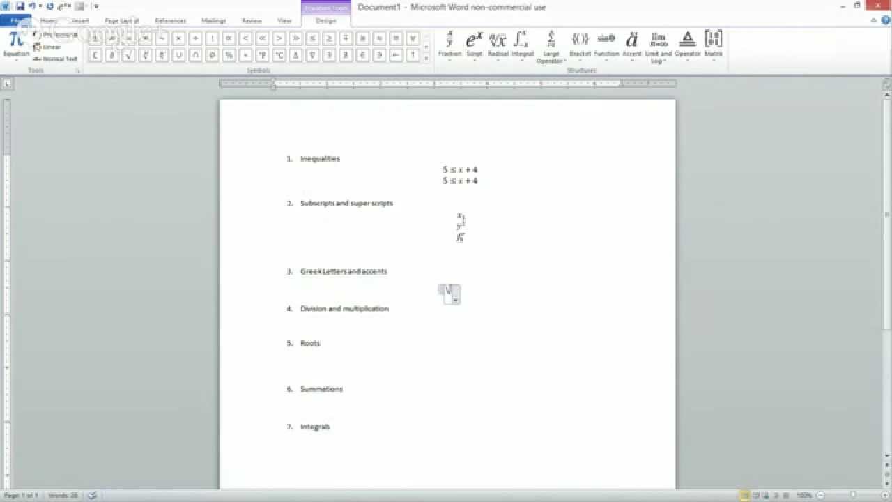 MS Word Equation Editor Shortcuts