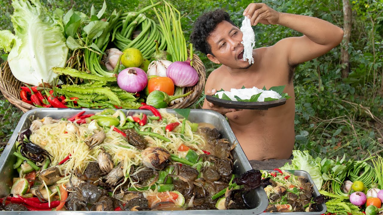 O.M.G Catch and Cooking Spicy Crab Salad with Raw Fish So Yummy