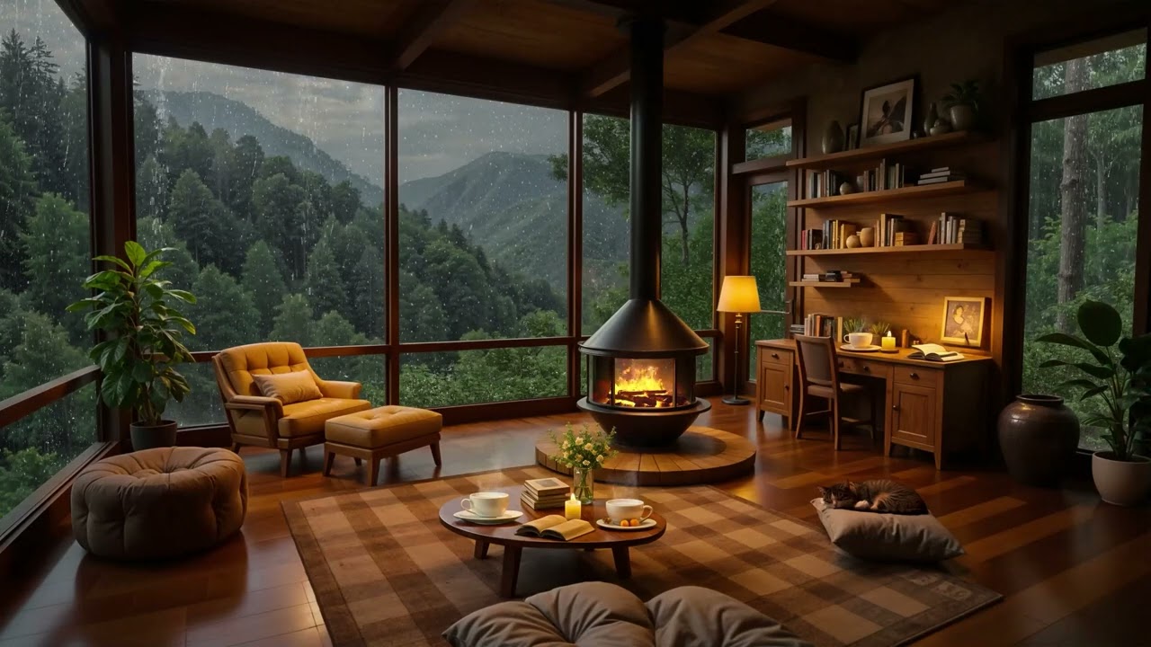 Rainy Mood Jazz - Warm Jazz Music at Cozy Reading Nook Ambience with Fireplace Sounds for Study