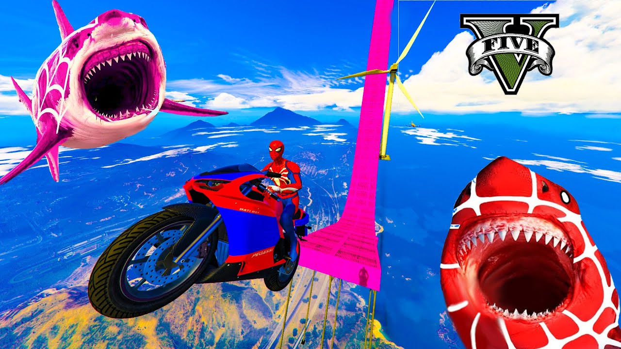 GTA V - Spiderman Jumps On The Ramp While His Friends Are Eaten By Shark. Challenge Map With Trevor