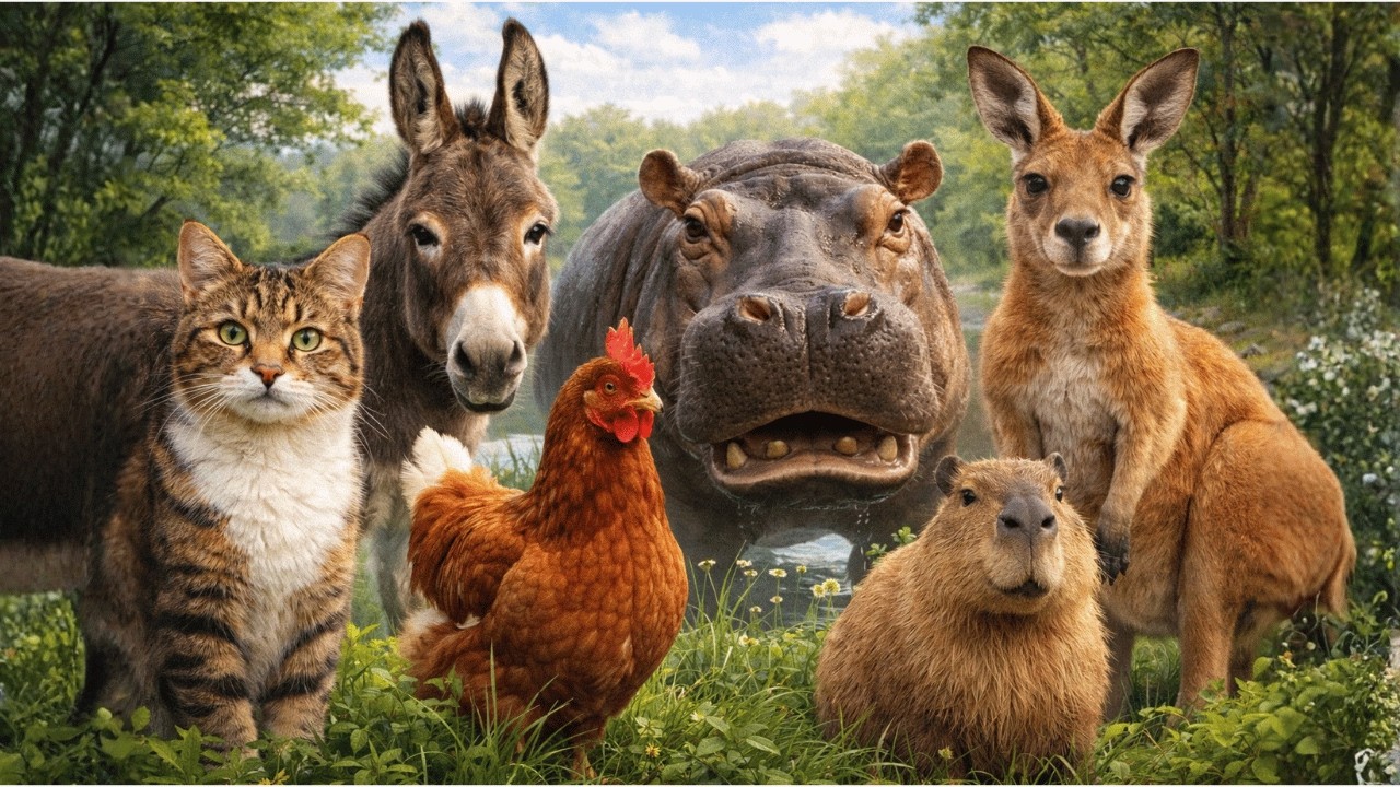 Farm Animal Habitats: Cat, Donkey, Hen, Hippo, Kangaroo, Capybara – Animal Video