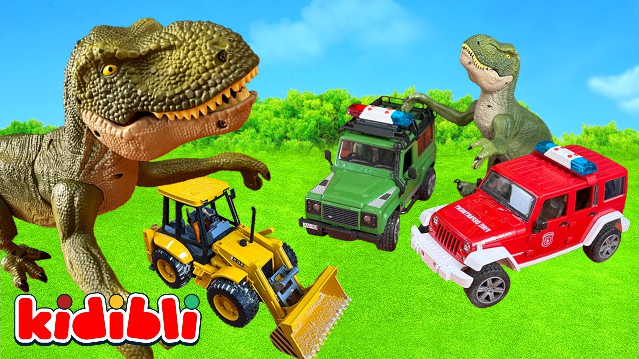 Dino greift Bagger an 🦖🚜 T-Rex gegen Polizei : Dinosaurier, Baufahrzeug-Spielzeug Video | Kidibli