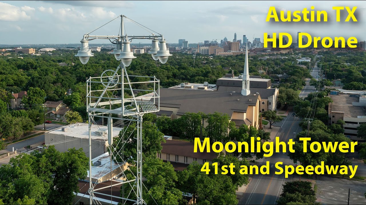 HD Drone Moonlight Tower Hyde Park Austin Texas.