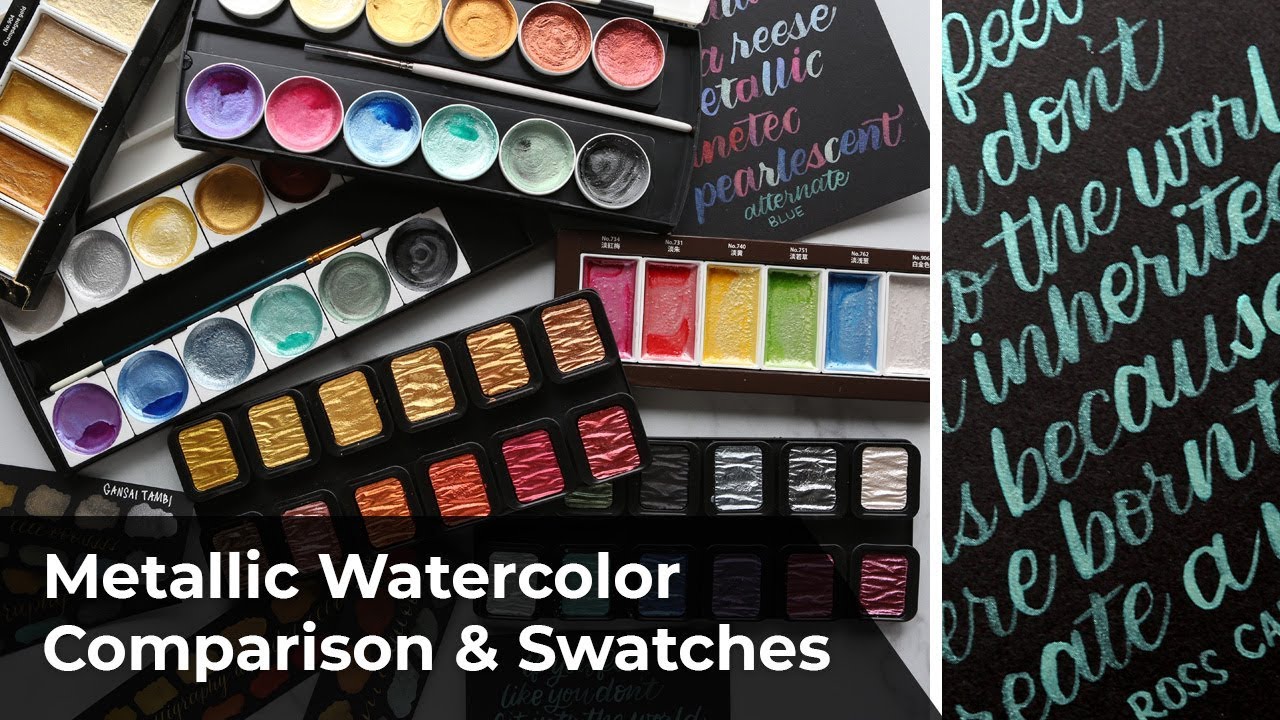 Metallic Watercolor Swatches & Comparison (FineTec, Prima, Gansai Tambi, Brea Reese) + Lettering