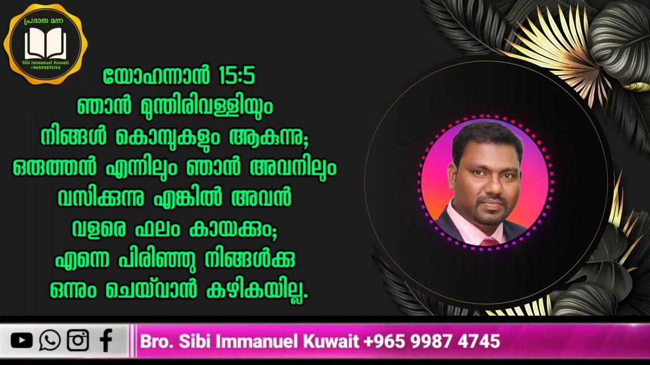 ഞാൻ മുന്തിരി വള്ളിയും നിങ്ങൾ കൊമ്പുകളും ആകുന്നു;ഒരുത്തൻ എന്നിലും ഞാൻ അവനിലും വസിക്കുന്നു എങ്കിൽ അവൻ