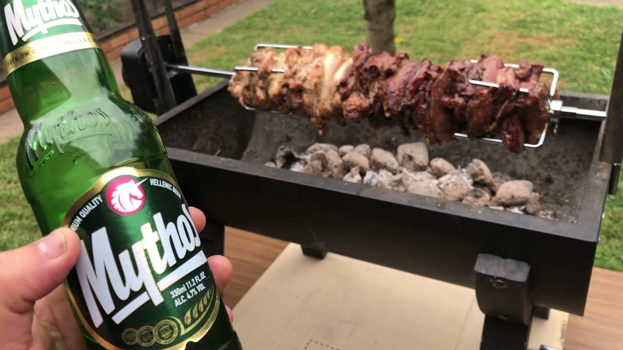 BUNNINGS  Jumbuck  Rondo Spit Roaster - GREEK KONTOSOUVLI with lamb/Chicken and a Mythos BEER