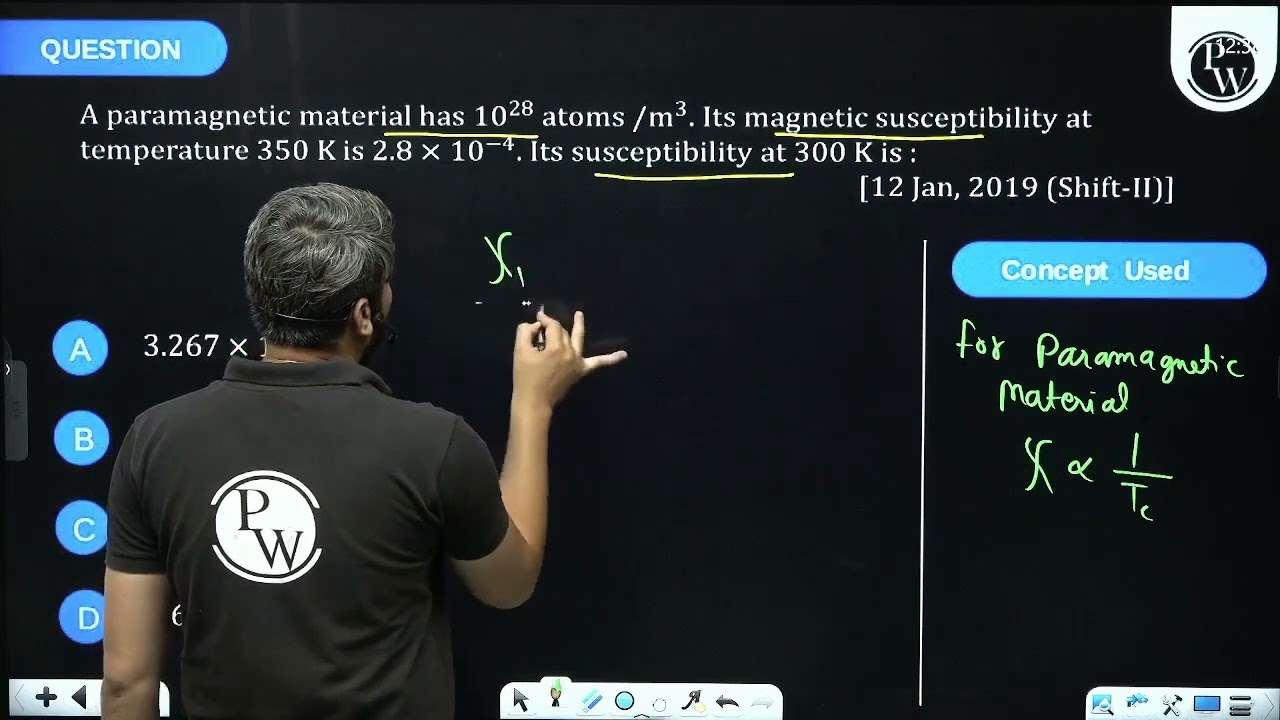A paramagnetic material has \(10^{28}\) atoms \(/ m ^3\). Its magnetic susceptibility at tempera....