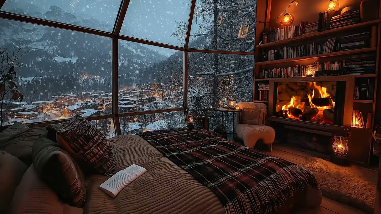 Snowy Cabin Night with Fireplace | Cozy Winter Sounds for Deep Sleep