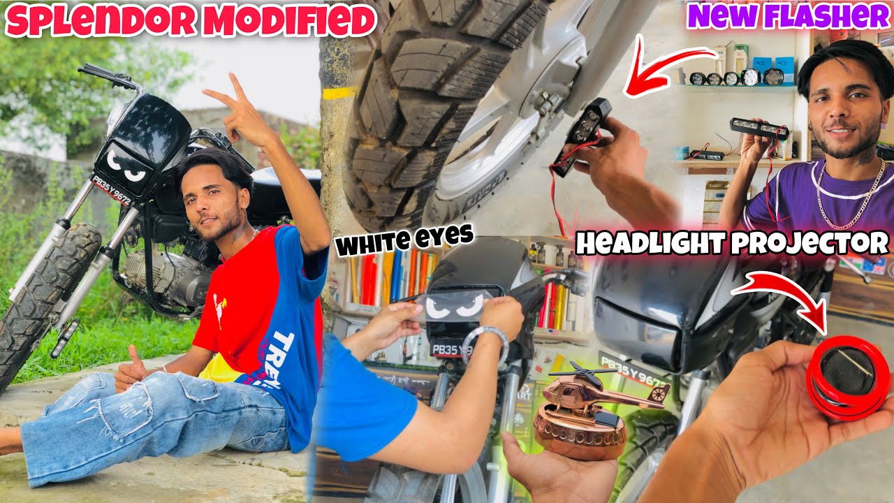 Splendor Modified Lights😍 || Install New Flasher Light💡|| White Eyes Sticker 👀 || Solar Projecter