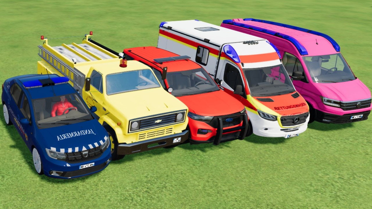 TRANSPORTING POLICE CARS, AMBULANCE, FIRE TRUCK, COLORFUL CARS WITH TRAIN -FARMING SIMULATOR 22!