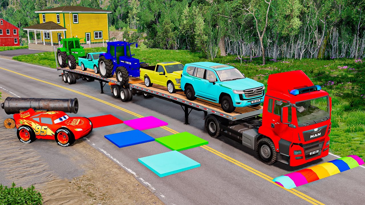 Flatbed Truck McQueen | Transportation with Truck - Pothole vs Car #4  | BeamNG.Drive Gameplay