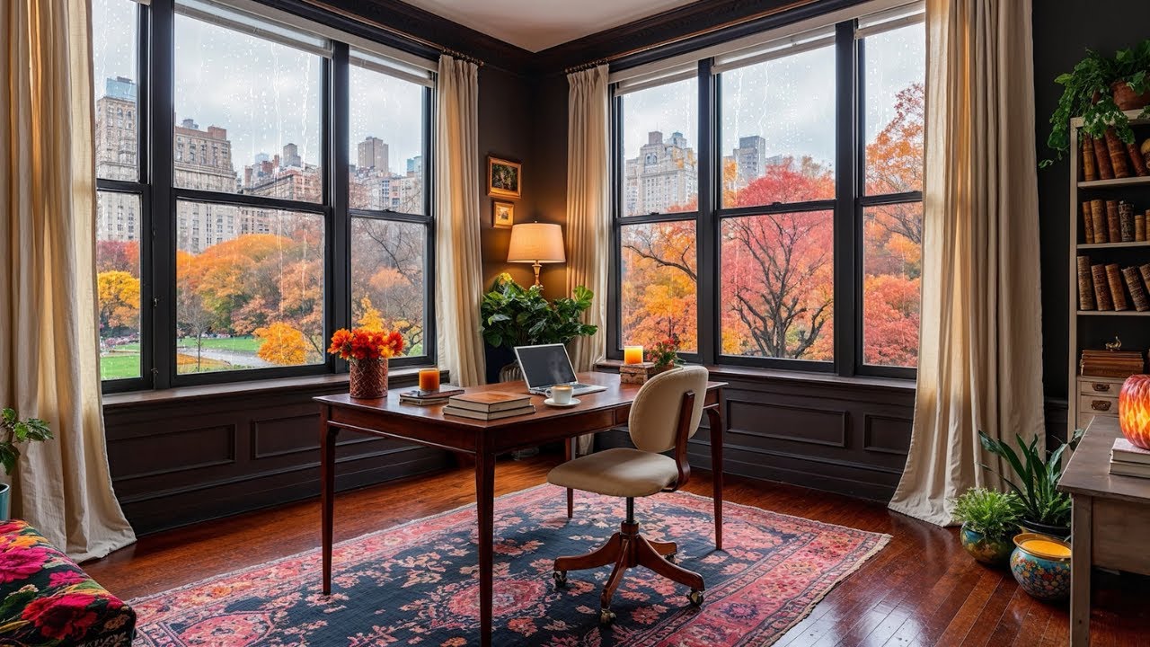 Study in this Cozy Office Ambience | Rainy Autumn Day in the City | Ambient Rain Sounds for Focus