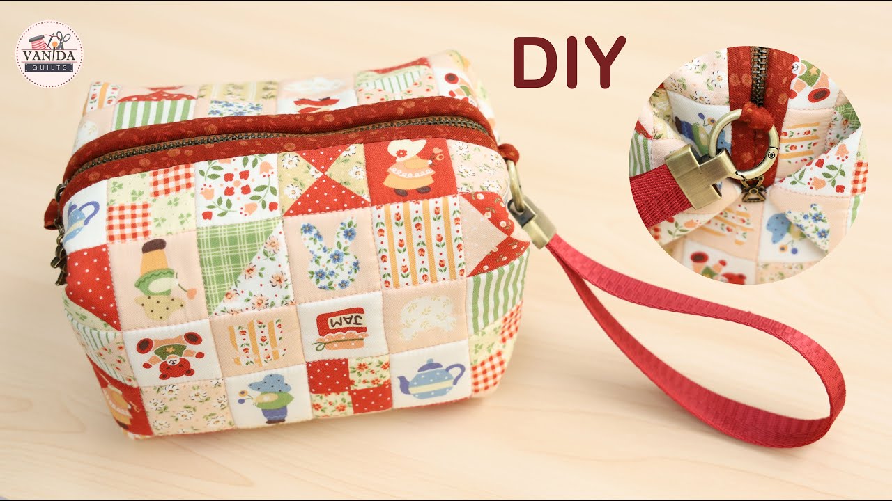 Make a DIY square quilt pouch-Easy sewing cosmetic bag กระเป๋าเครื่องสำอางค์งานควิลท์ เย็บง่ายไม่ยาก