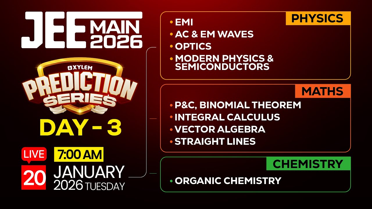 JEE MAIN 2026: PREDICTION SERIES | PHYSICS, CHEMISTRY, MATHS | DAY 3 | Xylem JEE & KEAM 2026
