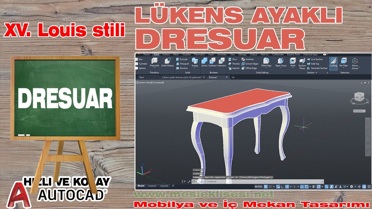 Autocad’de XV  Louis stili lükens (kabriyel) ayaklı dresuar çizimi.