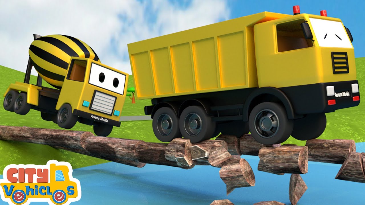 Construction Vehicles —Clamshell Excavator , Dump Truck, Cement Mixer fix broken fountain.
