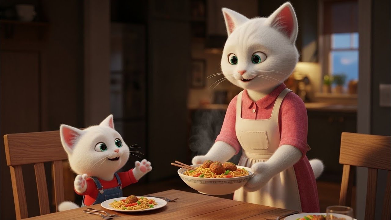  🍝🐱💖A Heartwarming Dinner with Mama Cat and Her Happy Kitten 🏡✨