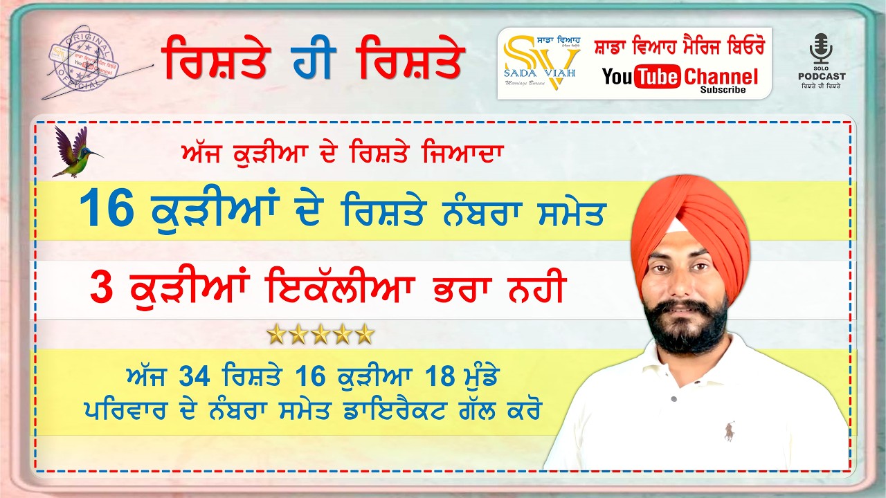 16 ਕੁੜੀਆ ਸਮੇਤ 34 ਰਿਸ਼ਤੇ | ਤਿੰਨ ਕੁੜੀਆ ਇਕੱਲੀਆ ਭਰਾ ਨਹੀ | ਅੱਜ ਕੁੜੀਆ ਦੇ ਰਿਸ਼ਤੇ ਜਿਆਦਾ