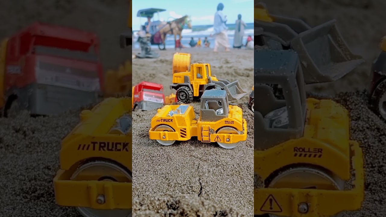 Steam roller, Cement Mixer, wheel loader, Dump truck