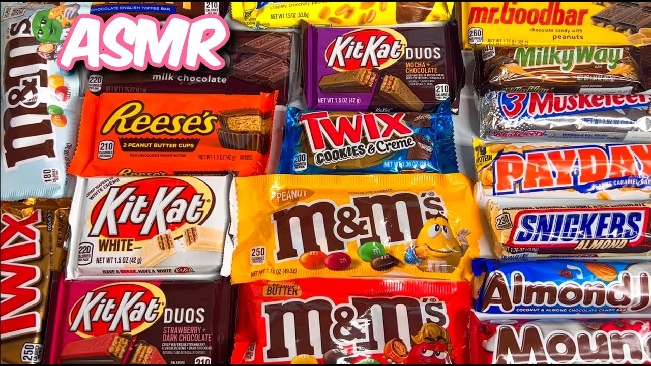 ASMR CHOCOLATE CANDY BARS UNWRAPPING (M&M's, HERSHEY, TWIX, SNICKERS, KITKAT, REESE'S, PAYDAY, HEATH