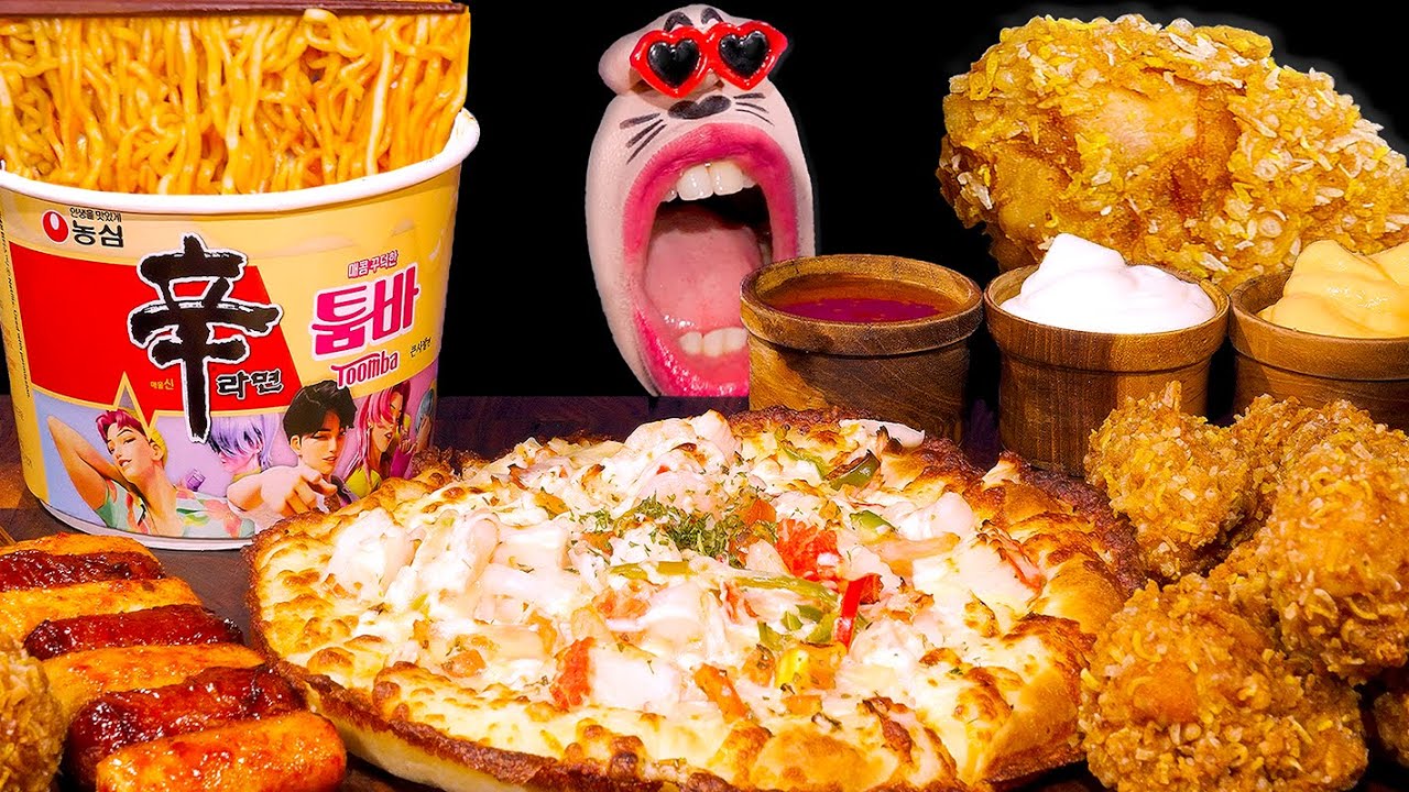 SUB| KDH Toowoomba Shin Ramen, White Shrimp Pizza, Quasak King Chicken!🎶  ASMR Mukbang Eating Show