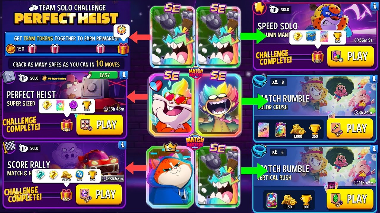 (4 SOLO+2 Match Rumble) TEAM SOLO~Bombs Away+Rainbow 🌈/ Super Sized/ Match & Hatch/ Column Mania 