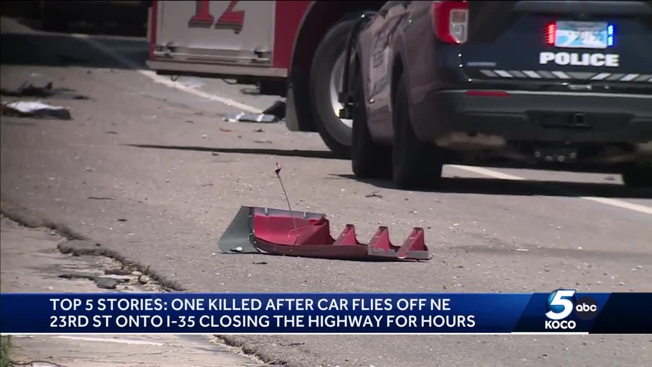 Person dies after driving off bridge and crashing into semi-trailer on I-35 in northeast OKC