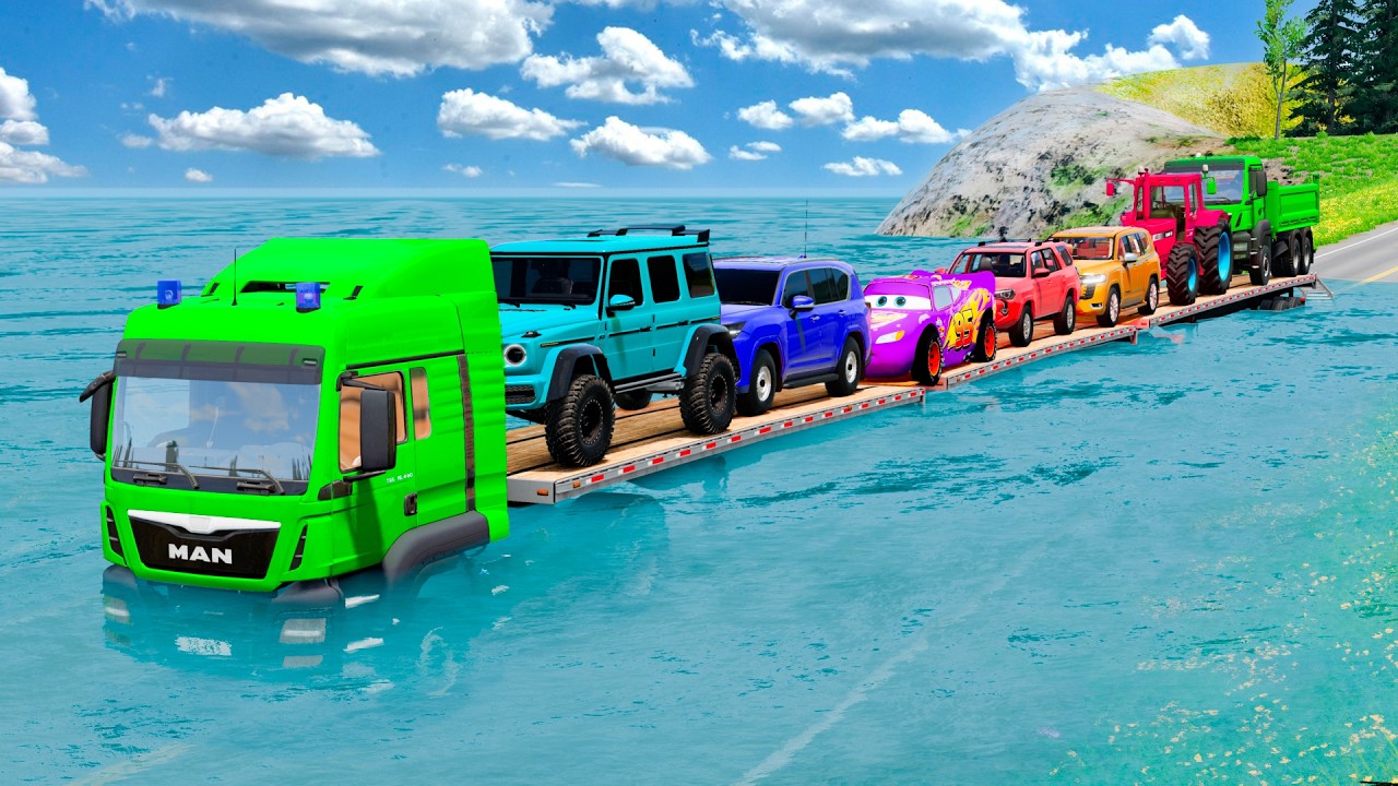 TRANSPORTING PIXAR CARS & FRUITS WITH COLORED & JOHN DEERE vs CLAAS vs TRACTORS - BeamNG.drive #983