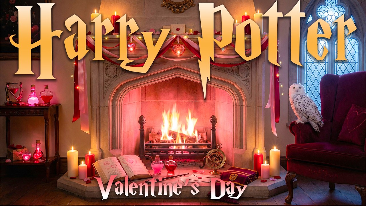 Valentine’s Day Fireplace at Hogwarts ❤️ Soft Pink Winter Ambience | Harry Potter Music