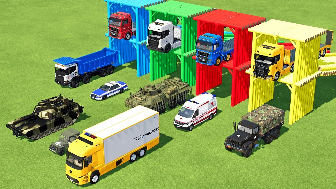 TRANSPORTING MILITARY TRUCK, FIRE TRUCK, FIRE DEPARTEMENT, FORD POLICE, AMBULANCE WITH TRUCKS ! FS22