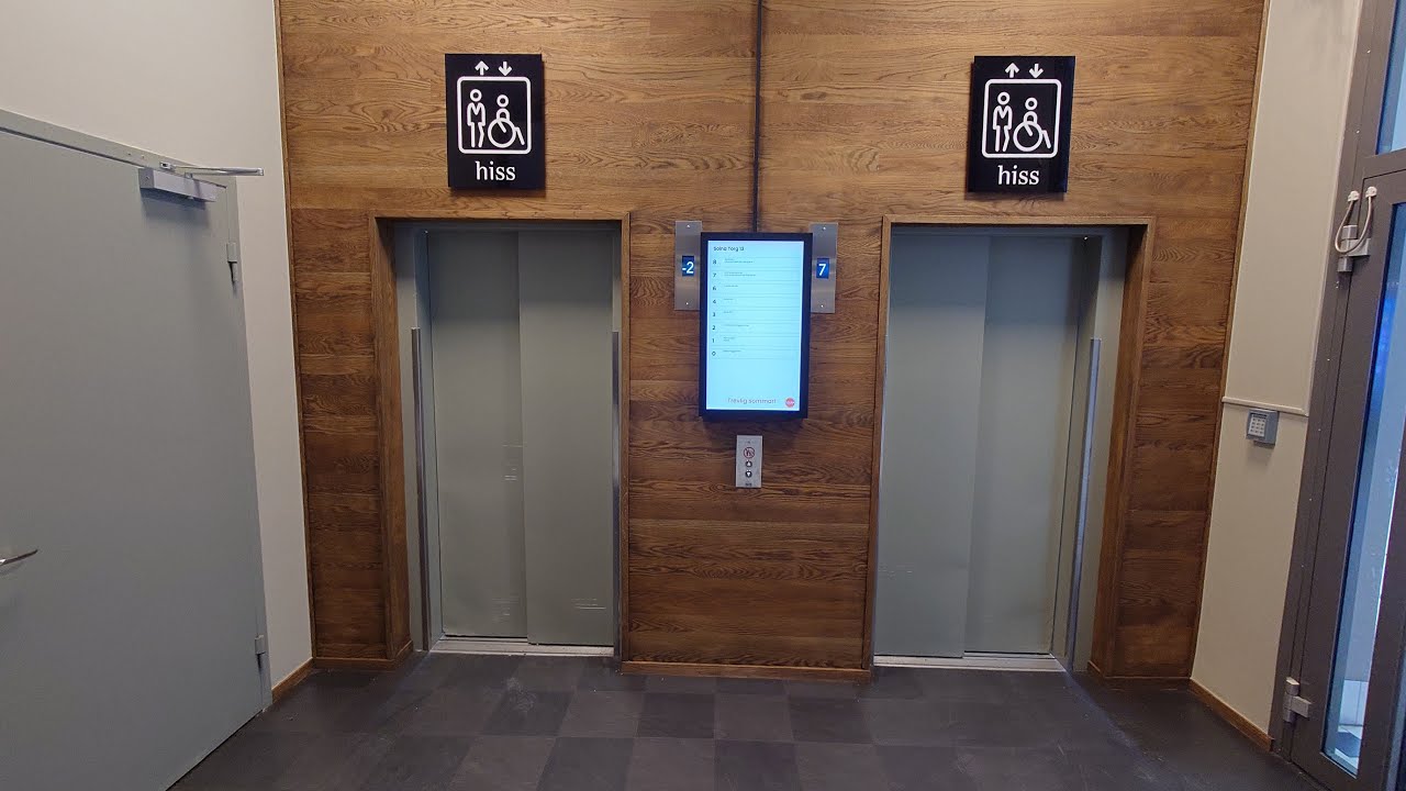 1986 KONE (MB: Trygga Hiss) Panorama Traction Elevators @ Solna Torg 13, Solna, Sweden!
