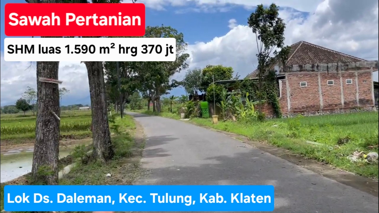 Sawah pertanian SHM luas 1590m2. Hrg 370jt. Dapat 2 muka jl. Lokasi Ds.Daleman Kec.Tulung Kab.Klaten