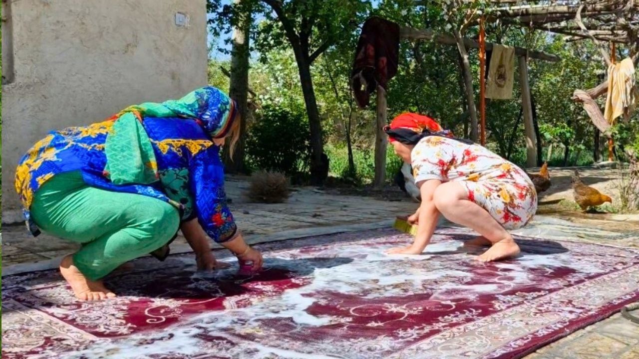 Rural life: The daily life of a rural woman and washing carpets