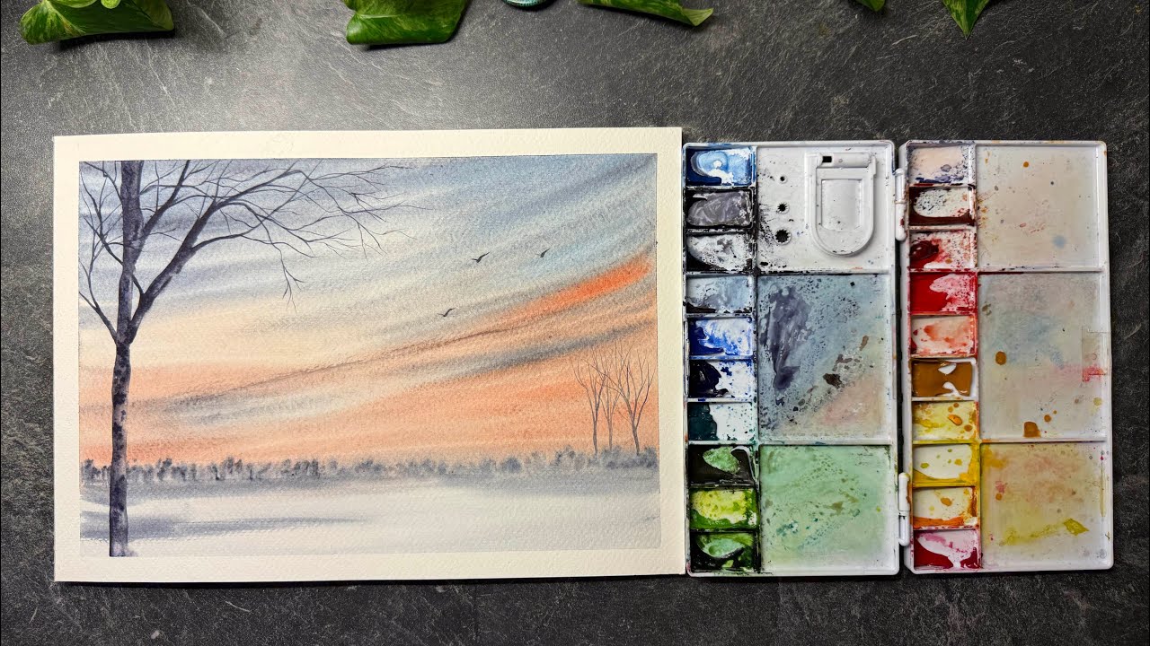 Soft Sunset Lake Watercolor | Calm Minimal Landscape Painting