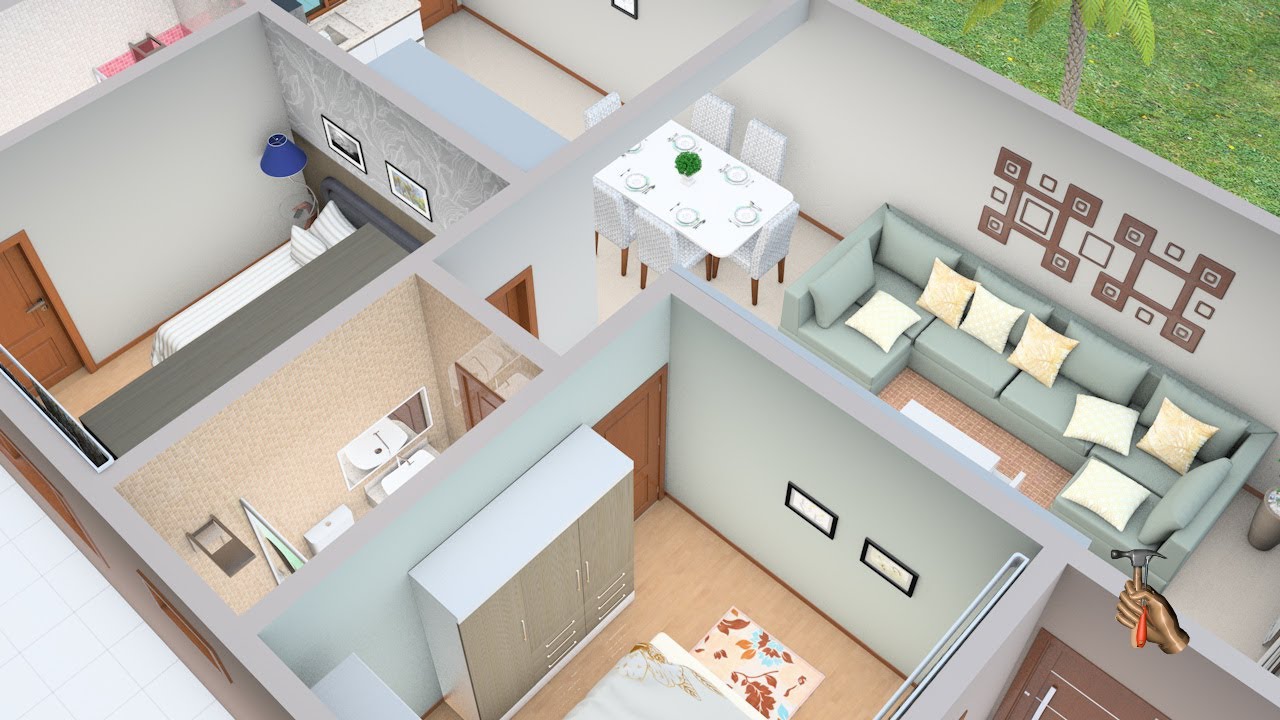Planta 3D de Casa simples com dois Quartos