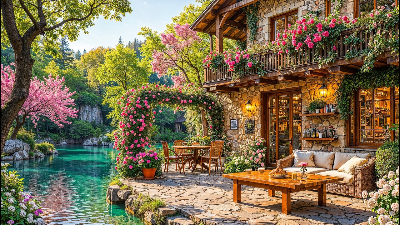 Spring Morning at a Jazz Café 🌸 Cozy Stone Cabin by the River with Flowers & Warm Light