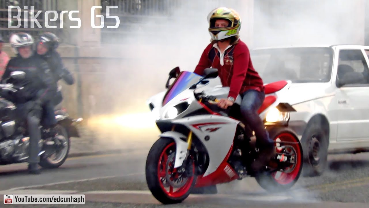 Yamaha R1 Burnout, S1000RR RL, CBR, ZX6R and R6 Wheelie - Bikers 65 Sounds, Accelerations and Revs!