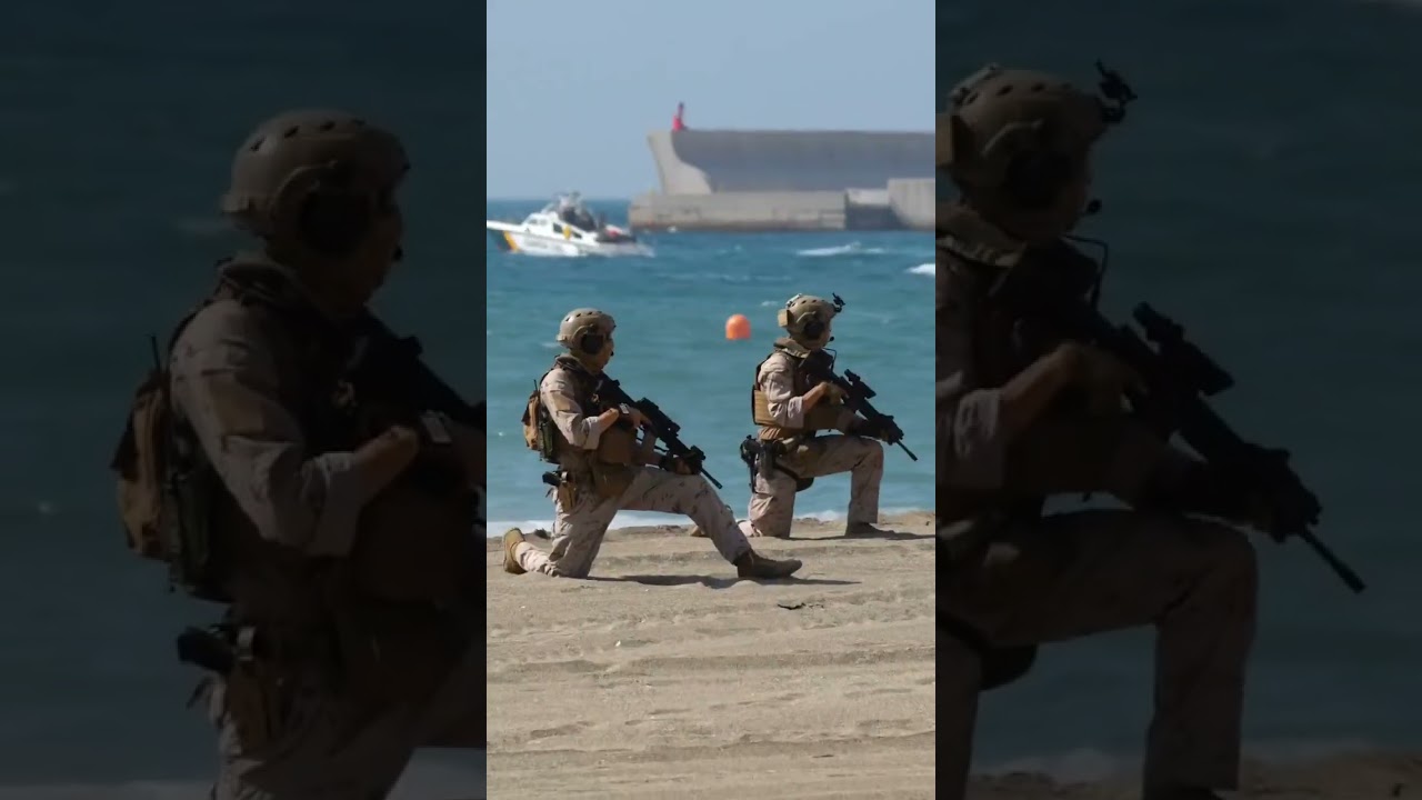 Spanish navy storms Malaga beach in front of astonished tourists