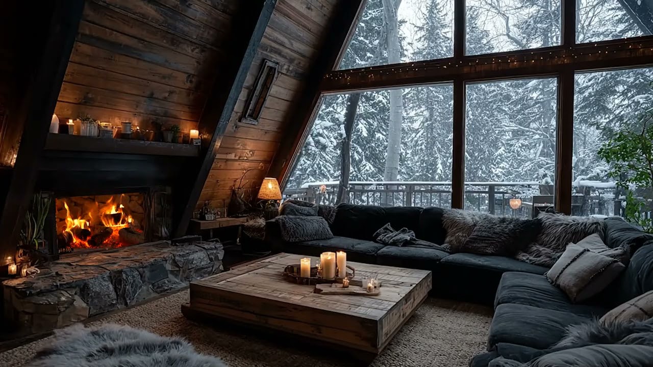 Cozy Winter Room Ambience  Crackling Fireplace Sounds & Snowstorm Outside for Sleep and Relaxation