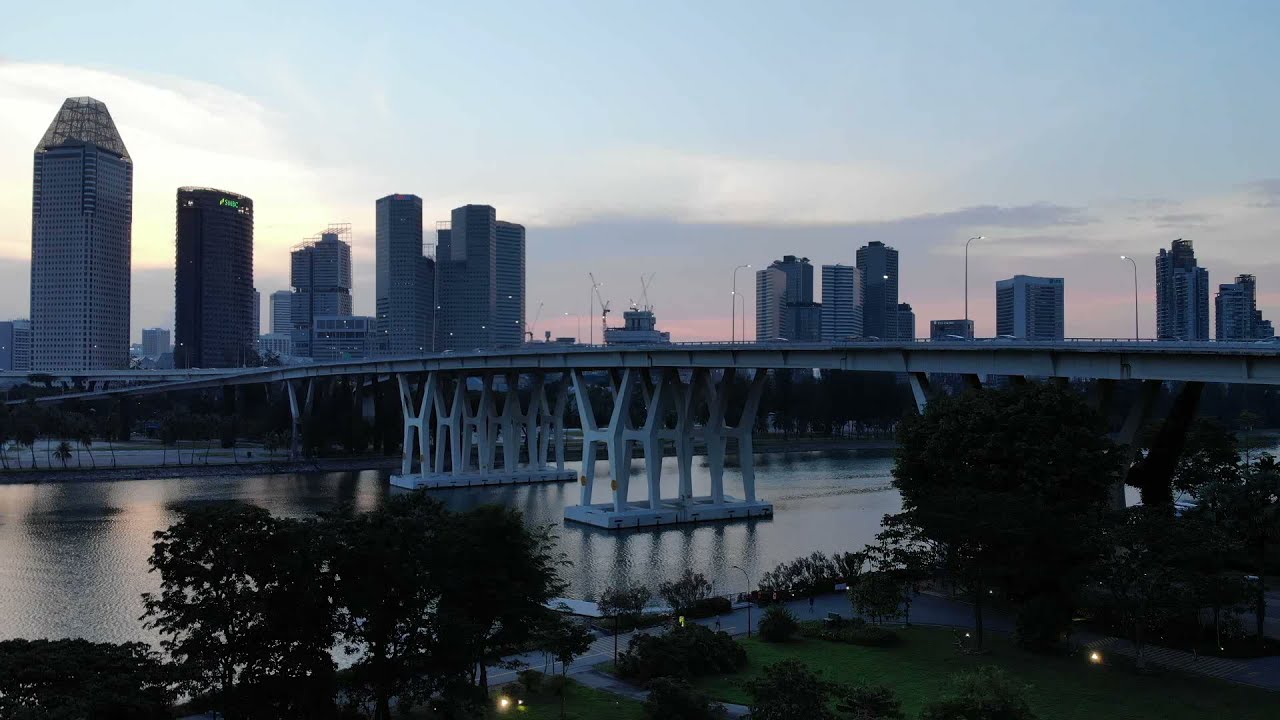 Drone view of Singapore City Skyline from Marina East Park