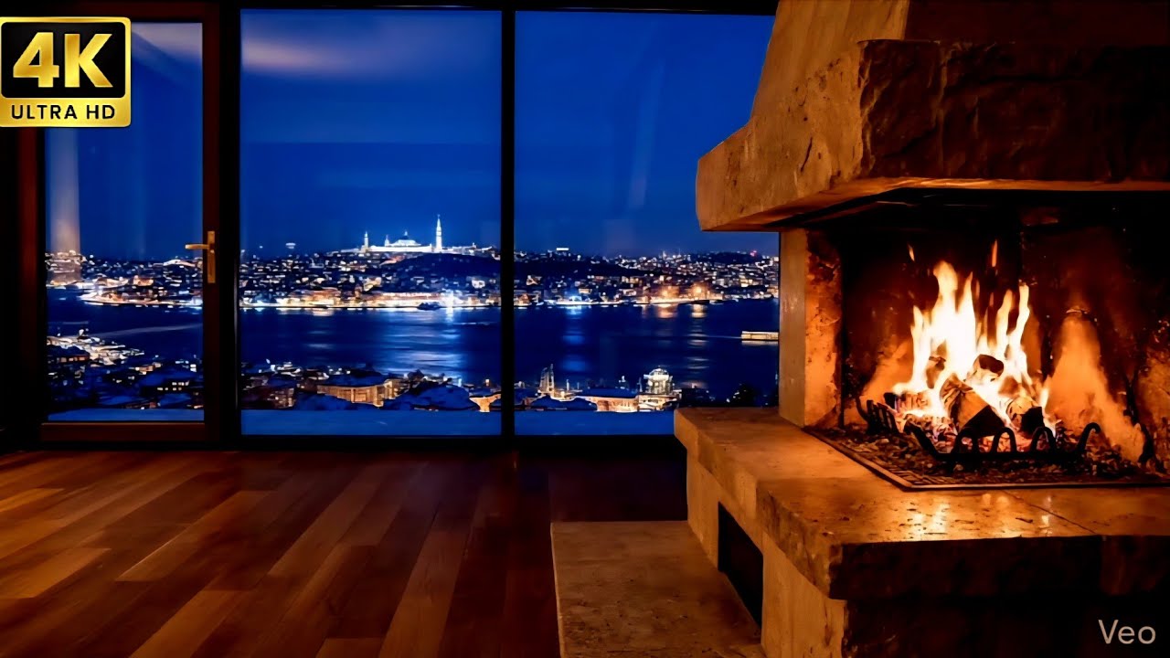 Şömineli Oda | İstanbul Gece Manzarası | Cozy Fireplace Room | Istanbul Night View 🔥