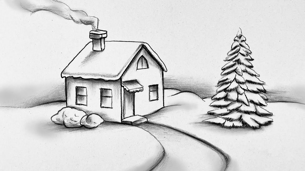How to Draw a Winter House in Snow Step by Step | Easy Pencil Shading Winter Scenery Drawing